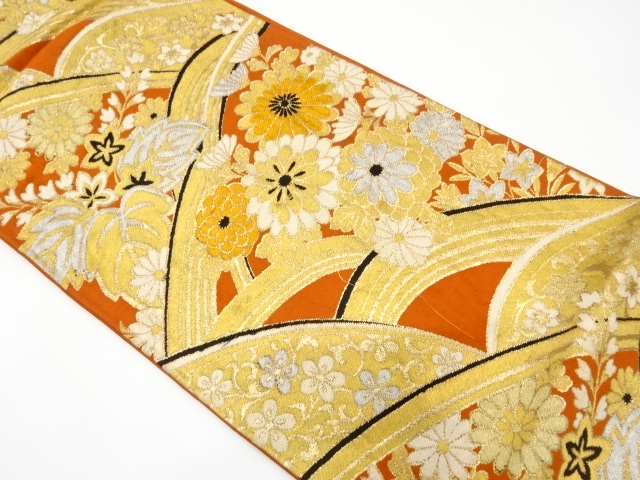JAPANESE KIMONO / ANTIQUE FUKURO OBI / SILK / WOVEN KIKU & PAULOWNIA